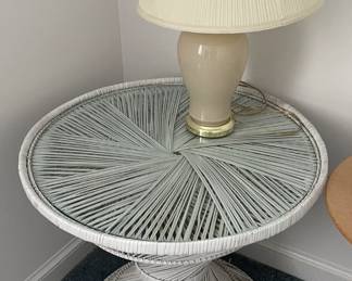 1970's vintage mid-century woven rattan bamboo glass top end table.