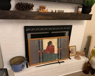 Original Pencil Signed by Artist C. Blair, Native American Woman mixed media with collage, seated lady with red blouse, late 20th C.