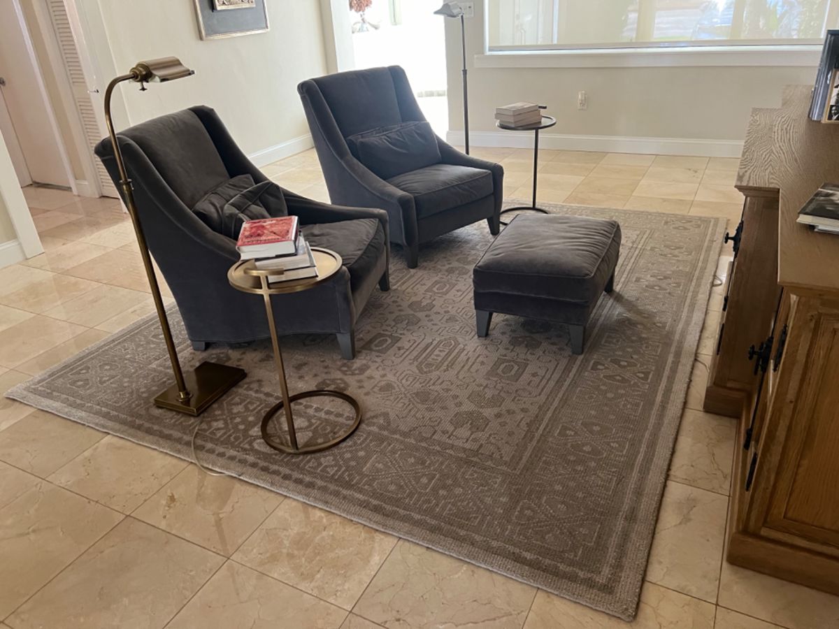 Marlena Gray chairs and ottoman by Mitchell Gold & Bob Williams , Pair of gold tables by Restoration Hardware Franze Egglomise pair of round gold cocktail tables. Pair of gold task table lamps, Rug Restoration Hardware