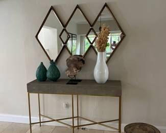 William Sonoma faux shagreen console, West Elm overlapping diamond mirror,