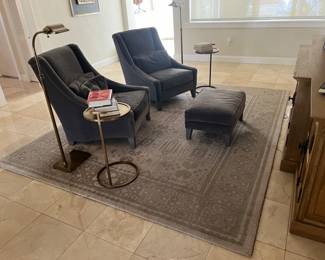 Marlena Gray chairs and ottoman by Mitchell Gold & Bob Williams , Pair of gold tables by Restoration Hardware Franze Egglomise pair of round gold cocktail tables.  Pair of gold task table lamps, Rug Restoration Hardware