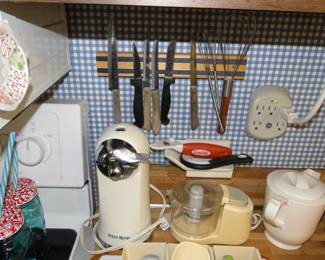 Mini food processor, and knife rack and can opener, and holiday gravy server