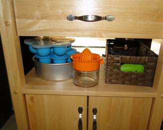 Cookware, and bakeware, and a nice wood microwave cart