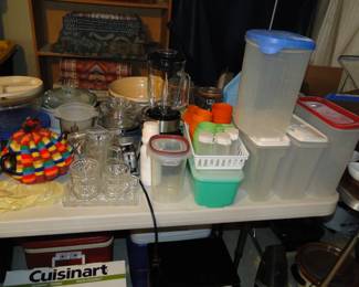 Vintage serving pieces, in glass, and vintage Tupperware celery keeper