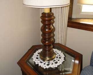 Glass topped end table with matching wooden lamp