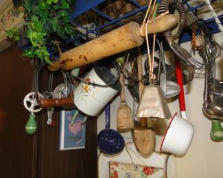 Pot rack and vintage and antique kitchen items