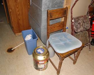 Vintage wooden chair, with cushion, canister, garbage can, and floor drain