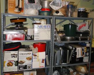 All types of crock pots, sautee pots, stew pots, vessel pots, bread machine, and metal shelving