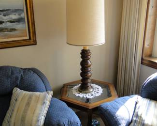 Very nice glass topped table with solid wood lamp