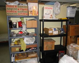 Metal shelving and plastic shelving, and all items on the shelving is for sale too