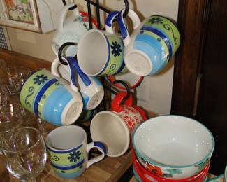 Mug tree, with mugs, and matching bowls too