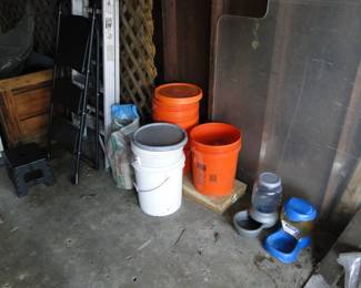 Pet food dispensers, and large 5 gallon buckets
