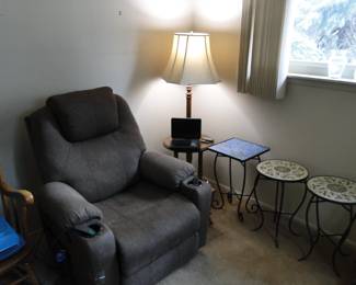 Power chair, tall floor/table lamp, and mosaic tile tables