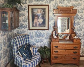 Amazing blue chintz, toile room filled with Amazing in each corner. 
Eastlake dresser, cabinet and art