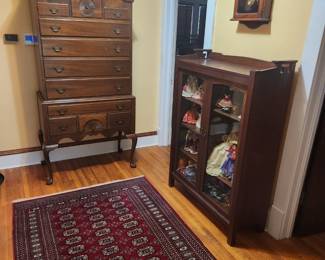 Berkey and Gay Highboy, gorgeous rugs, and arts and crafts style display cabinet.