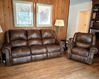 #1		Leather brown sofa with nail head arms 89 long  double recliner 	 $350.00                                                          #2	leather brown recliners with nail head arm 	 $200.00                                                                                                   #3	leather brown recliners with nail head arm 	 $200.00 


