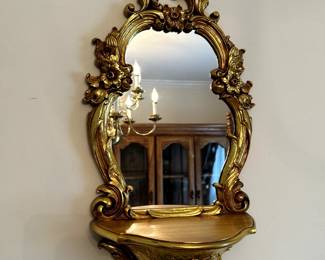 #18 Gold Painted Wall Sconce shelf w/mirror - 22x12Dx4D	 $30.00 
