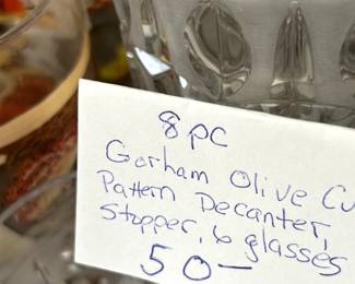 #138	Gorhan Olive Cut Pattern Decanter Stopper & 6 Glasses	 $50.00 
