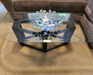 Contemporary Beveled Glass Coffee Table. Modern Art Metal Piece. 