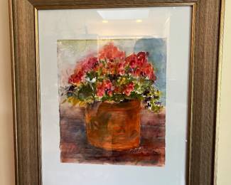 Framed watercolor print of red geraniums. $48