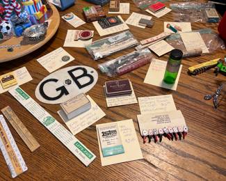 vintage prescription bottles and boxes. Vintage advertising matchbooks, matchboxes, sewing kits, tape measures, etc