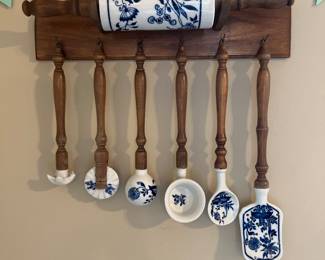 Antique Meissen Porcelain Kitchen Essentials with wooden rack. Wooden handles.