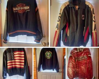 Several larger sizes of great jackets (some leather) including Harley, Army, Indians.