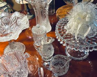 Crystal, Fostoria cake plate, cream and sugar sets. 