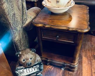 Welcome Bear.  Love.  Antique Pitcher and Basin.  Side tables.