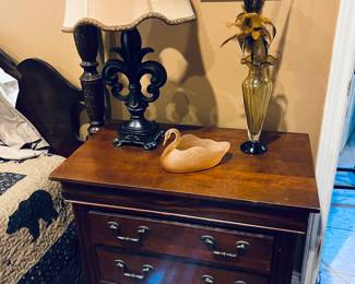 Side tables. Pink Satin depression glass swan.  LOVE.
