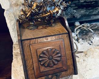 Coal Scuttle.  Vintage candle holder sconces. 