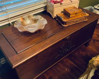 Antique cedar chest and sewing kit.  Carnival glass bowl.  