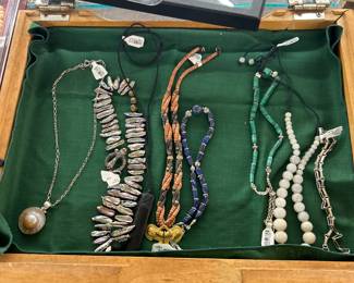 Left to right… Freshwater pearl 9.25, abalone necklace, Blackstone unknown, wood, beads, lapis, Malachite Beaded necklace, quartz necklace, 9.25 necklace