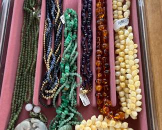 Left to right… Vintage carved, jade, beautiful, lap and onyx necklace, gold plated, Chinese J beads necklace with carved pendant, amethyst, necklace, amber, necklace, shell necklace, shell bracelet