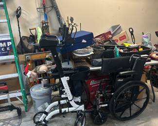 Walker, ladders, fertilizer spreader