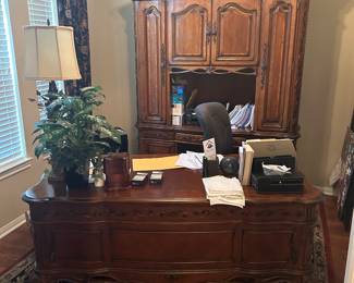 Desk and hutch, office chair, area rug, office supplies, lamp