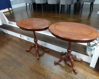 Pair of pedestal inlayed top side tables