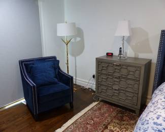 Pair of night tables & lamps, single blue chair with nail head trim, gold branch floor lamp