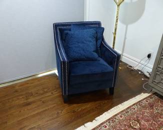 Single blue chair with nail head trim, gold branch floor lamp