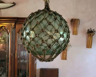 13" Fisherman’s Vibrant Green Sea Glass Float Fishing Float Rope Ball Net Nautical