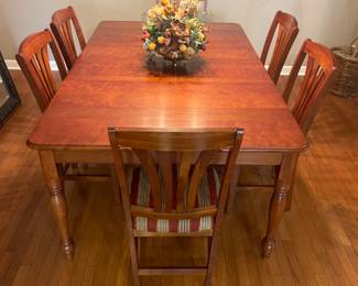 Colonial House handmade cherry table with two leaves, six chairs and table pads 