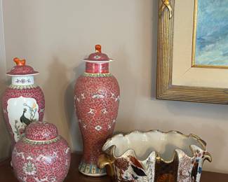 Three nice ginger jars one with foo dog lid and peacock, one lid is broken.