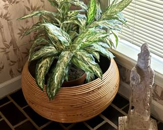 Bamboo pot with artificial plant, Asian statue