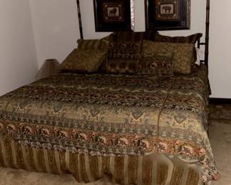 King bed with bamboo post headboard, beautiful custom made bedding