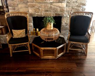 Pair of bamboo chairs, mid century modern glass top coffee table