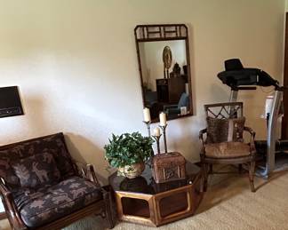 Lane bamboo chairs, mid century modern glass top coffee table