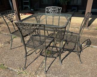 Vintage Woodard glass top iron table and chairs