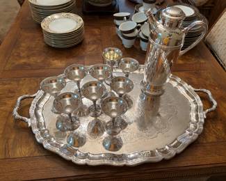 Silver martini set on large Gorham silver tray