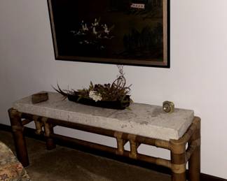 Bamboo console table with stone top, Oriental screen