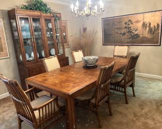 SOLD. Henredon Dining table - 70"L x 43"W (has 1 additional leaf/18"W) & 6 chairs & pair of china cabinets. Oriental screen